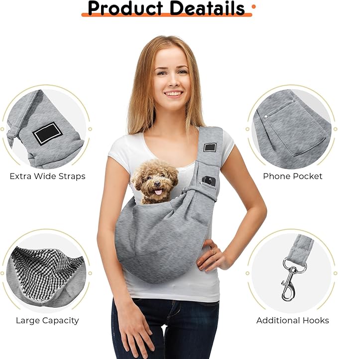Sling Carrier for Small Pets, Hands Free Cat Sling, Reducing Back Neck Pain Anti-Anxiety Dog Front, Adjustable Soft Dog Carrying (Grey)