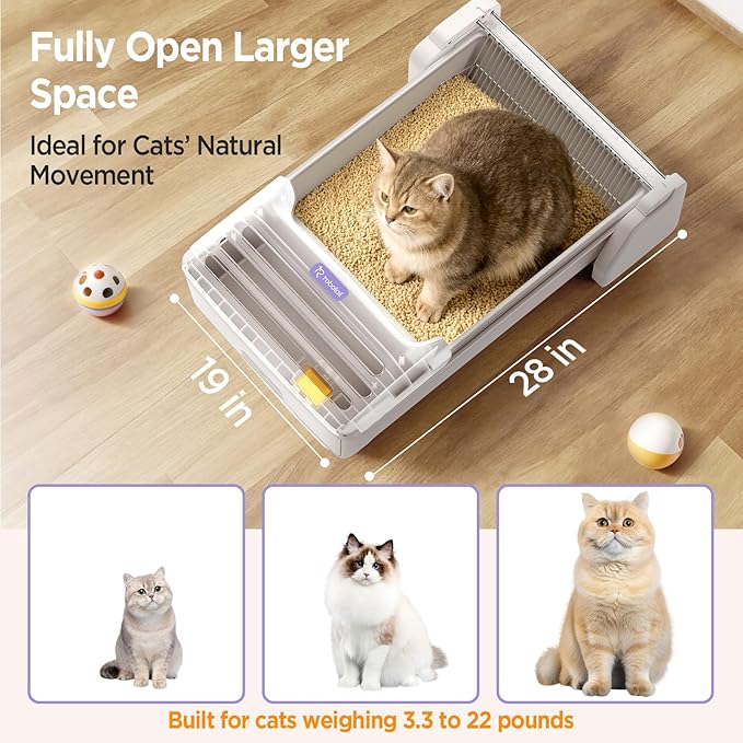Robotail Fully-Open Automatic Self Cleaning Litter Box, Extra Large Space Electric Cat Litter Box with APP Control Health Monitor, Smart Litter Tray for Multiple Cats, Anti-Pinch, Come with 5lb Litter