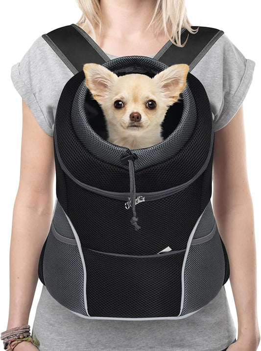 YUDODO Dog Front Carrier Backpack, Adjustable Breathable Pet Carrier for Small Dogs Cats, Ventilated Puppy Back Pack with Safety Belt, Lightweight Doggy Backpack for Hiking Outdoor (Black, L)
