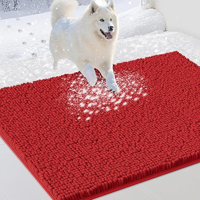 IM HOME Dog Door Mats for Muddy Paws, 30" X 20" Christmas Chenille Absorbent Doormat, Non Slip Heavy Dog Rugs for Muddy Paws, Soft Indoor Door Mat for Entryway, Mud Paw, Inside Floor, Red