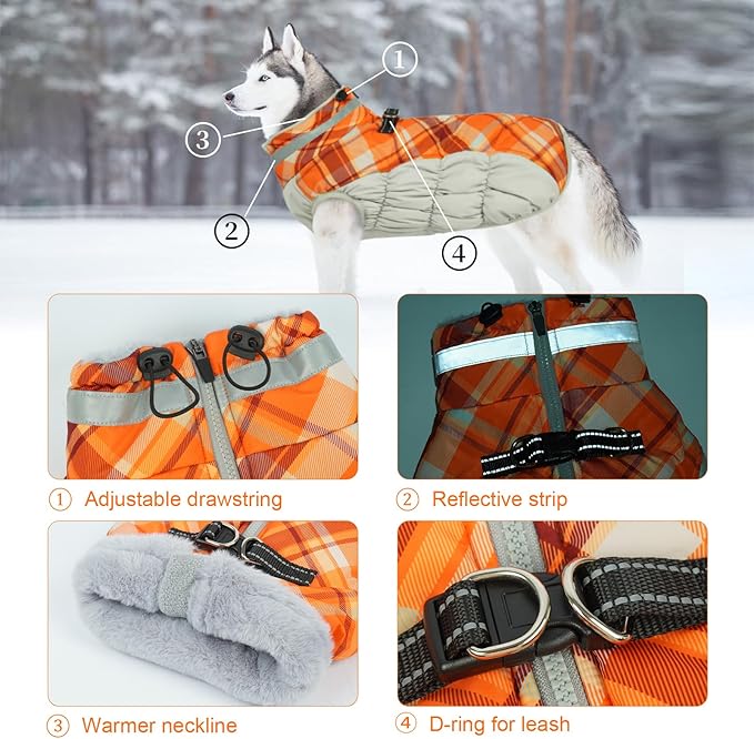 Lelepet Warm Dog Winter Coat Dog Coats for Large Dogs Waterproof Dogs Jacket with Harness Built in Reflective Cold Weather Coats Zip-Up Winter Fleece Vest Snowsuit Boston Terrier Orange Plaid L