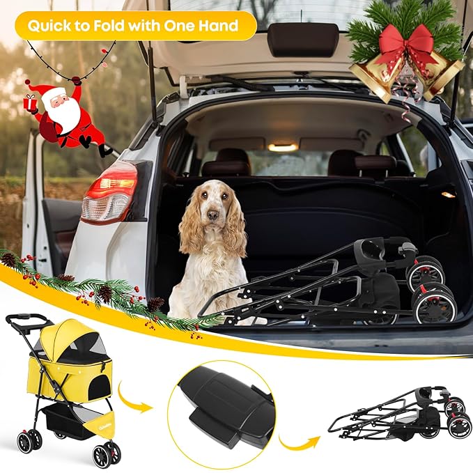 Pet Stroller,Dog Stroller for Small Medium Dogs Cats,3 Wheels,Foldable,with Breathable Mesh Canopy,Cup Holders,Easy Assembly,Yellow