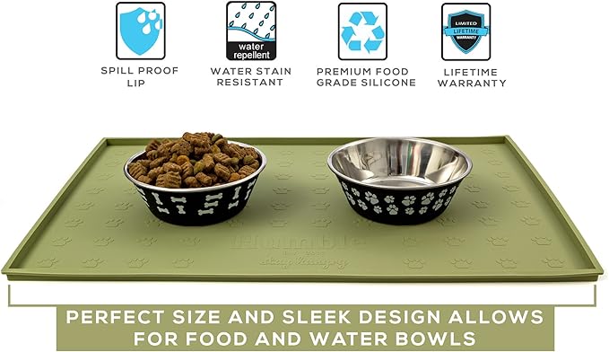 Food Mat Feeding Tray - Non-Slip, Anti-Spill, Raised Dog Food Mat, Easy Clean Waterproof - Premium Quality Silicone - Perfect for Dog Bowl Mat and Cat Feeding Mat Tray, 24" x 16" (Olive)