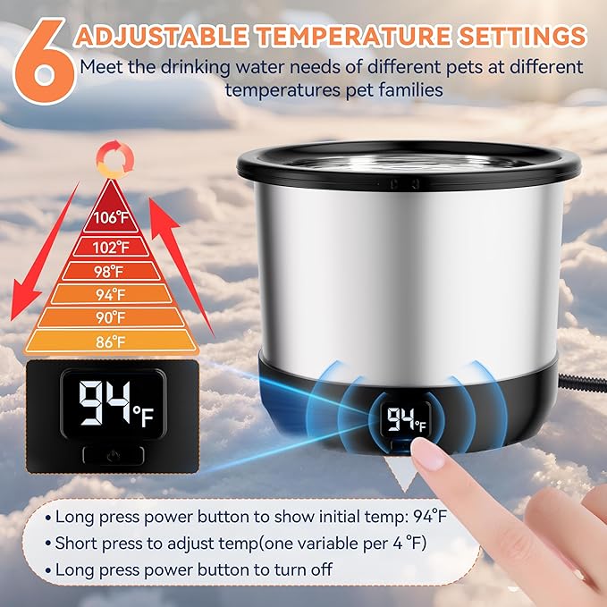 3.5L Heated Water Bowl, Stainless Steel Heated Dog Bowl with Digital Display and Adjustable Temperature, Heated Outdoor Pet Water Bowl Provides Warm Water for Dogs