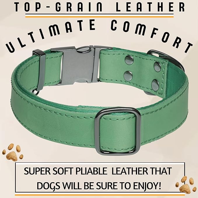 ADITYNA Leather Dog Collar with Metal Buckle - Heavy-Duty, Adjustable for Large & Extra Large Dogs - Walking & Training (Green, Fits 19-30" Necks)