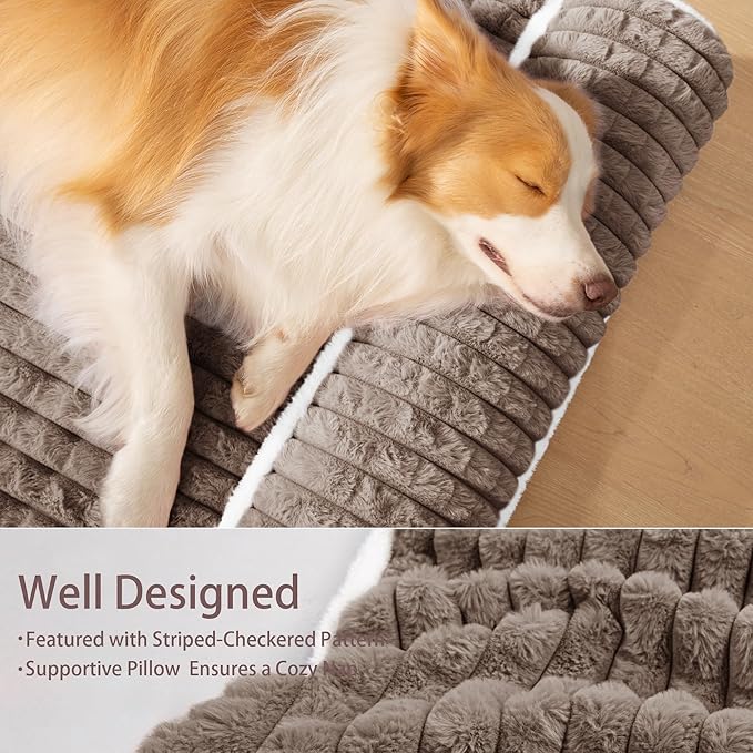 Orthopedic XL Dog Bed Large Sized Dog with Pillow 42''X28'', Waterproof Soft Comfortable Egg Crate Foam Pet Crate Beds Mat with Removable Washable Cover and Non-Slip Bottom, Taupe