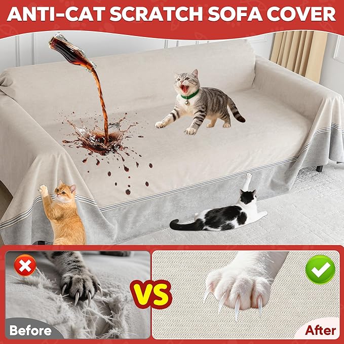 Living Room High Stretch Sofa Cover Pets Dogs Friendly, Cat Scratch Furniture Protector - Anti-Slip, Waterproof Sofa Cover to Keep Cats Off, Anti-Scratch Couch Cover for Pets and Kids 150"X91"Khaki