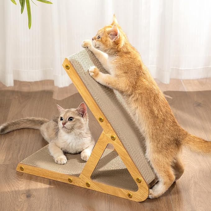 A-Frame Cat Scratching Board, Recycled Cardboard & Wood Frame, Dual-Sided Vertical Horizontal Cat Scratcher for Indoor Kittens, Space-Saving Furniture Protector for Sofa Walls-Light Wood, Small