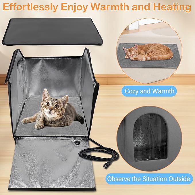 Weatherproof Heated Cat House - Outdoor Cat House with Heating Pad Bed,Insulated Cat House Elevated Outdoor Feral Cats Shelter with Soft Mat for Outside/Indoor Cats (Heat Gray)