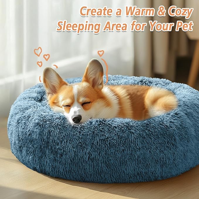 JOLLYVOGUE Calming Dog Bed Medium Size Dog, Anti-Anxiety Donut Medium Pet Bed, 27 inches Fluffy Faux Fur Round Cat Bed (Blue)