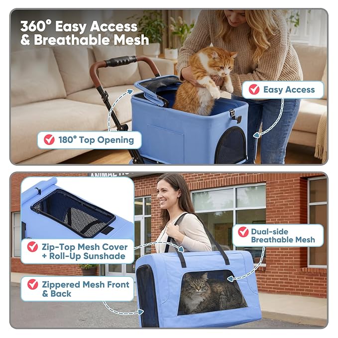 Magshion Foldable Double Pet Stroller for 2 Small & Medium Dogs and Cats, Detachable Top & Bottom Carriers, Breathable Mesh, One-Click Fold, Cat Stroller with No Zip Entry