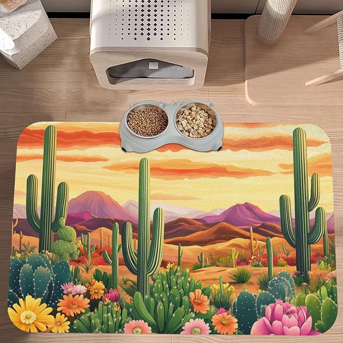 Desert Cactus Sunset Dog & Cat Food Mat for Floors Waterproof,Quick Dry Anti-Slip Bowl Mats for Food and Water,Pet Feeding Mats,Pet Placemat for Messy Drinkers to Protect Floors,Supplies 23.62×15.75in