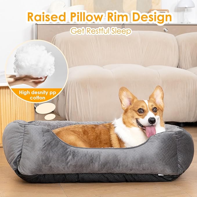 Dog Bed Medium, Super Soft Rectangle Dog Beds, Washable Warming Pet Bed with Anti-Slip Bottom, Anti-Anxiety, Grey, 25 x 21 x 8inch