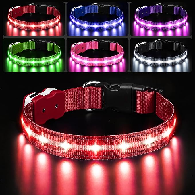 PcEoTllar Light Up Dog Collars, Led Dog Collar, Rechargeable, Night Walking, Waterproof, Glow in The Dark Dog Collars Light for Large Small Medium Dogs, Red l