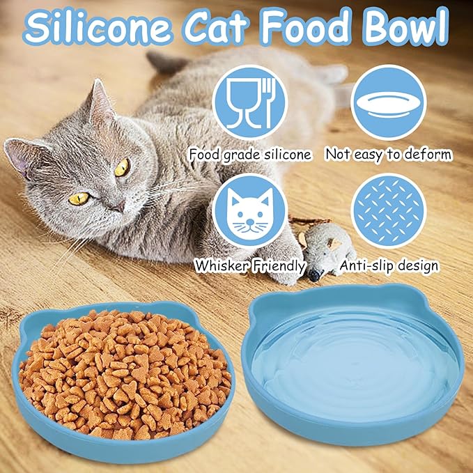 Silicone Cat Food Bowl Suction Cup Cat Dish 7" Shallow Cats Food & Water Bowls Set of 2 Non-Slip Kitty Plates Relief Whisker Fatigue Puppy Feeding Bowl for Dry & Wet Food (Blue)