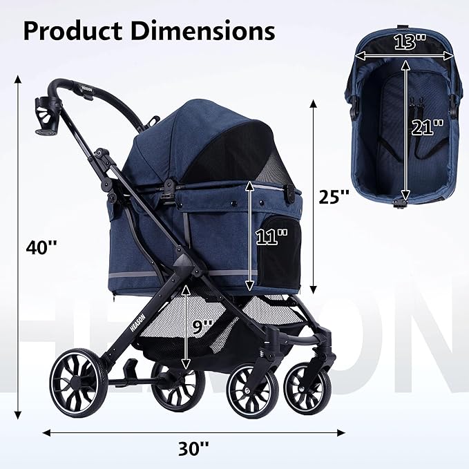 Dog Stroller with Waterproof Rain Cover, Heavy-Duty All-Terrain 4-Wheel Pet Stroller with Adjustable Sunshade Canopy, Foldable Travel Dog Strollers for Small/Medium Dogs Up to 121 lbs