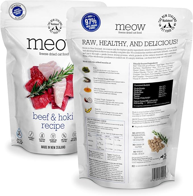 The New Zealand Natural Pet Food Co. Meow Freeze Dried Cat Food - Beef & Hoki Recipe, High Protein Treats, Meals & Toppers, Dry Cat Food, 9.9 oz