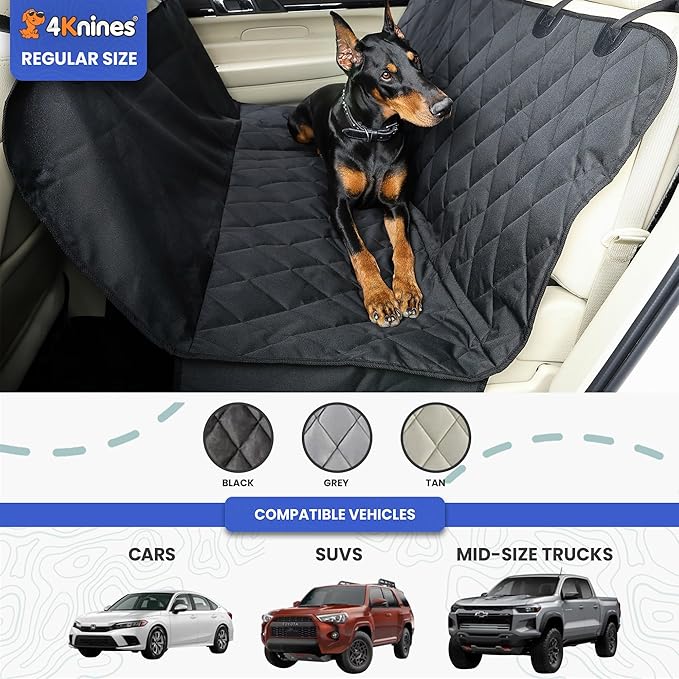 4Knines Dog Backseat Cover with Hammock for Cars, SUVs, and Trucks – Waterproof Layers, Nonslip Seat Protector, Durable Nylon Clips, K9 Shield with Heavy Duty Thread, (Regular, Grey)