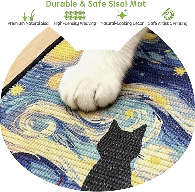 3-in-1 Sisal Cat Scratcher Mat 15x12 Inch – Art Cat Wall Scratcher with Adhesive Tape for Indoor Cats, Durable Wall Mounted Cat Scratch Pad to Protect Couch and Carpet（Starry Night