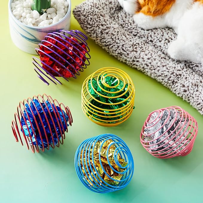 Jecery 5 Pcs Cat Spring Balls Toys Stretchable Rolling Balls Colorful Playful Coils Interactive Action Toy Caged Rats for Kitten Pet Supplies (Crinkle Ball,Multicolor)