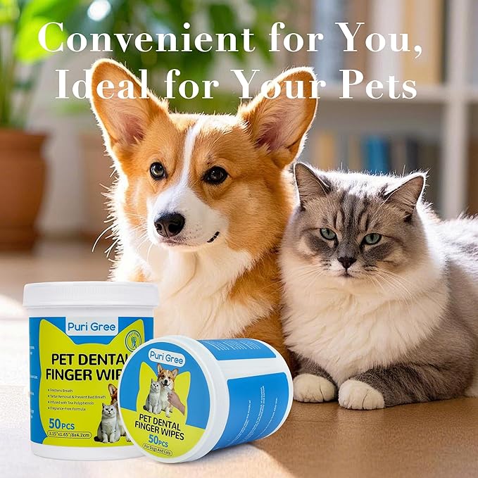 Teeth Cleaning Wipes for Dogs & Cats, Dog Dental Care Finger Wipes, PURIGREE Dog Tooth Brushing Kit, Reduces Plaque,Disposable Dog Wipes-50 Count