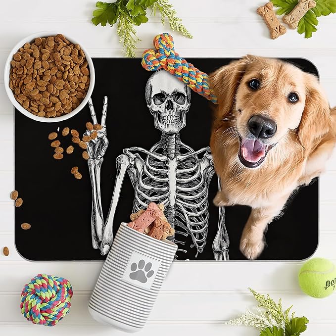 Funny Skull Skeleton Dog Food Mat for Floors,Absorbent Quick-Dry Pet Feeding Mat,Cat Dog Bowl Mats for Food and Water,Non-Slip Pet Accessories Supplies 16"x24"