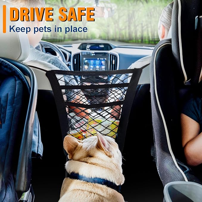 Dog Car Net Barrier 3-Layer– Stretchable Dog Car Barrier & Pet Divider Dog Barrier for Car Back Seat with Storage Mesh – Easy Install, Safer Driving with Pets & Kids – Fits Most Cars & SUVs (Style 1)
