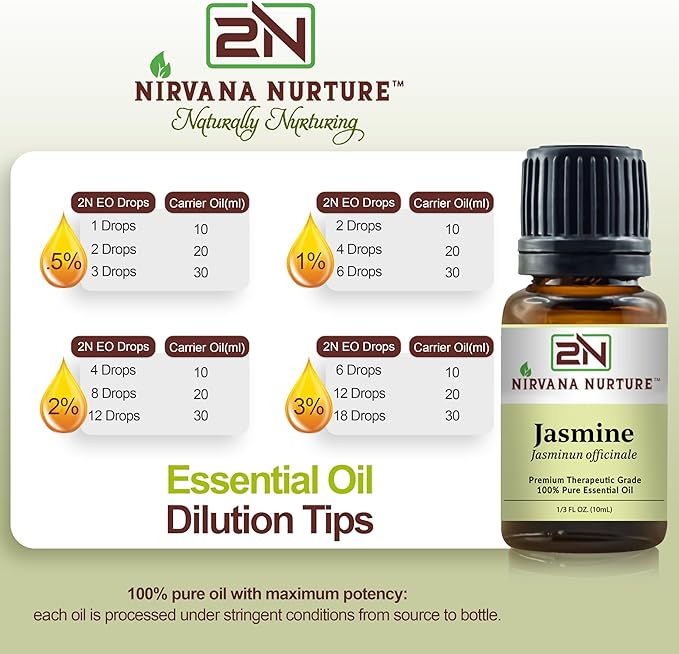 Nirvana Nurture Jasmine Essential Oil 100% Pure Premium Therapeutic Grade, Undiluted - Aromatherapy Diffuser for Calm and Relaxation, Skin Care, Hair Care