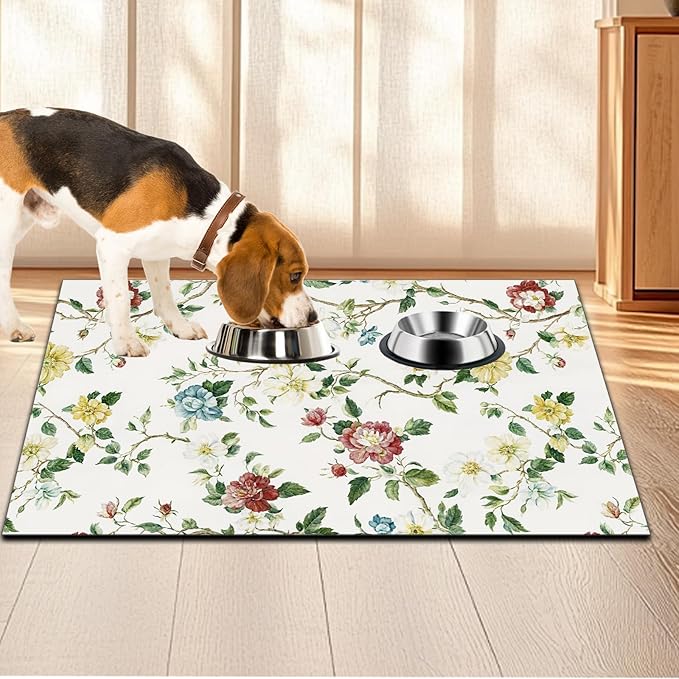 Pet Feeding Mat for Dogs and Cats - Super Absorbent Anti-Slip Bowl Pad, Eco-Friendly Washable Mat to Prevent Spills and Mess Floral Mat 12"x20"