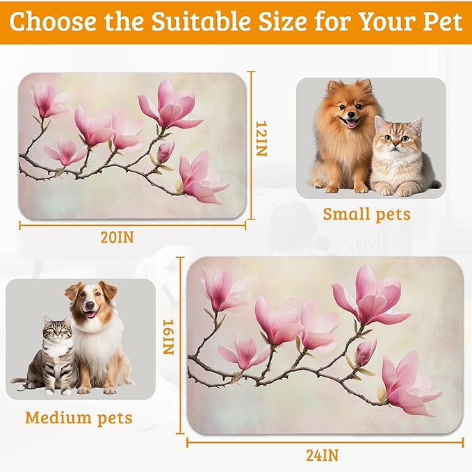 Pink Magnolia Feeding Mat,Vintage Flowers Absorbent Quick-Dry Cat Dog Food and Water Bowl Mats,Non-Slip Rubber Backing Mat,Cat Dog Accessories Supplies 16" x 24"
