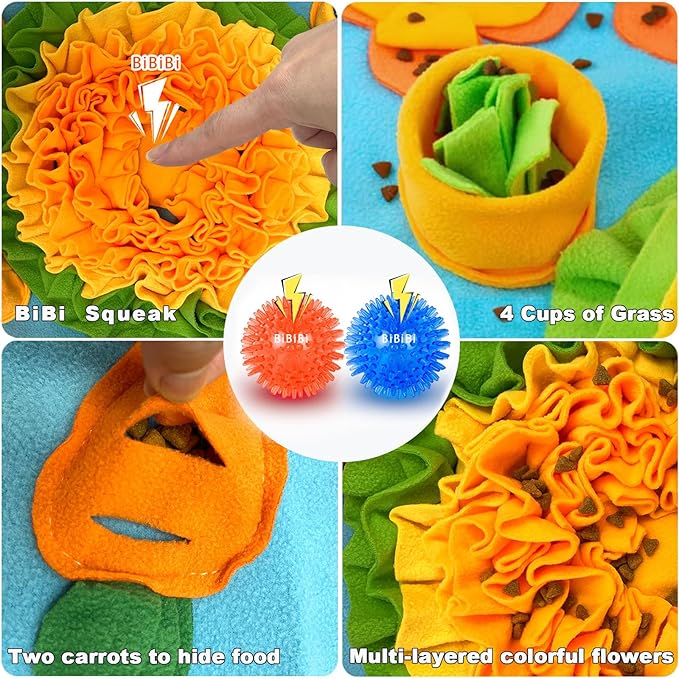 KVEXLIM Snuffle Mat for Dogs - Interactive Dog Feeding Mat with Squeaky Center & 2 Spikey Balls | Mental Enrichment Toy for Small, Medium, Large Dogs | Slow Feeder, Machine Washable, Non-Slip Base