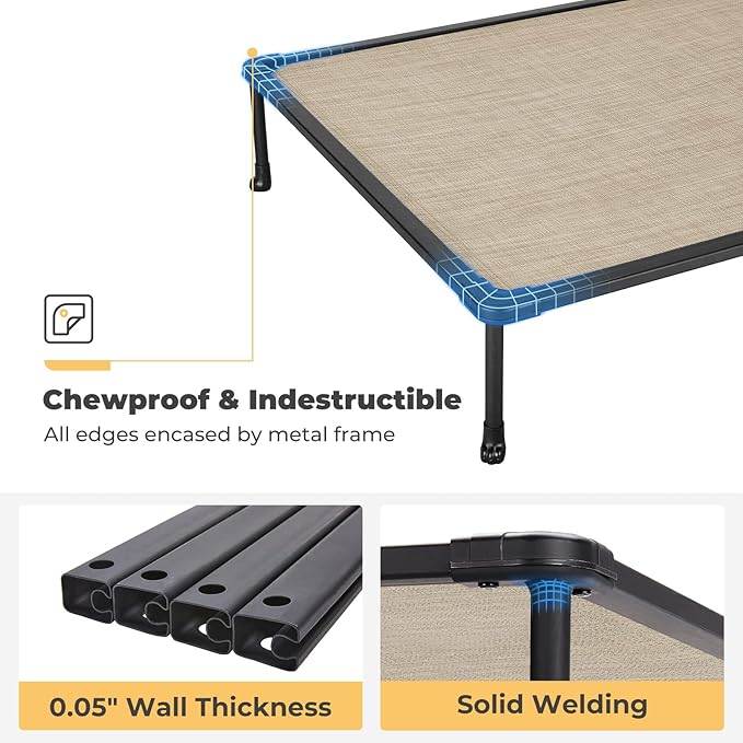 Veehoo Chewproof Elevated Dog Bed - Cooling Raised Pet Cot, Breathable Mesh, Washable & Non-Slip for Large Dogs, Indoor/Outdoor, Beige Coffee Mat and Black Frame, 49x33inches (Model CWC2203A03)