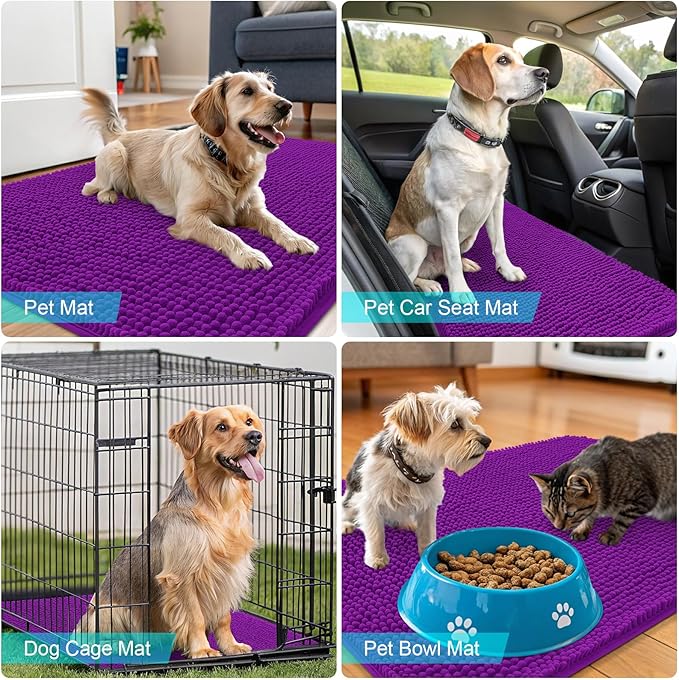 OLANLY Dog Door Mat for Muddy Paws 34x21, Absorbs Moisture and Dirt, Absorbent Non-Slip Washable Doormat, Quick Dry Chenille Mud Mat for Dogs, Entry Indoor Entryway Carpet for Inside Floor, Purple