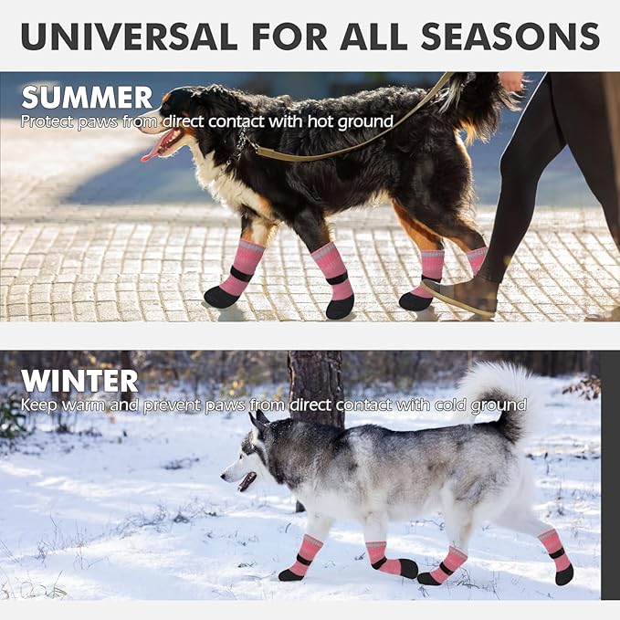 Mihachi Anti Slip Dog Socks, Dog Boots for Hardwood Floors Prevent Licking, Traction Control Waterproof Rubber Sole Paw Protectors for Small Medium Large Dogs, Pink Large