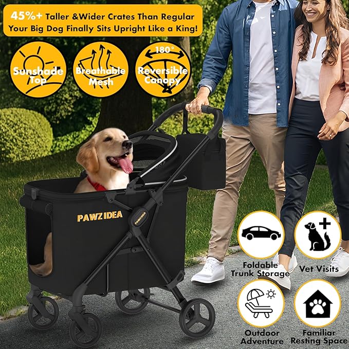PAWZIDEA Dog Stroller for Large Dogs, Heavy Duty Pet Stroller for 2 Medium or Small Dogs Cats Up to 66lbs, No-Zip 180° Reversible Canopy Lockable, One-Hand Foldable Jogger 7" Wheels, Storage Organizer