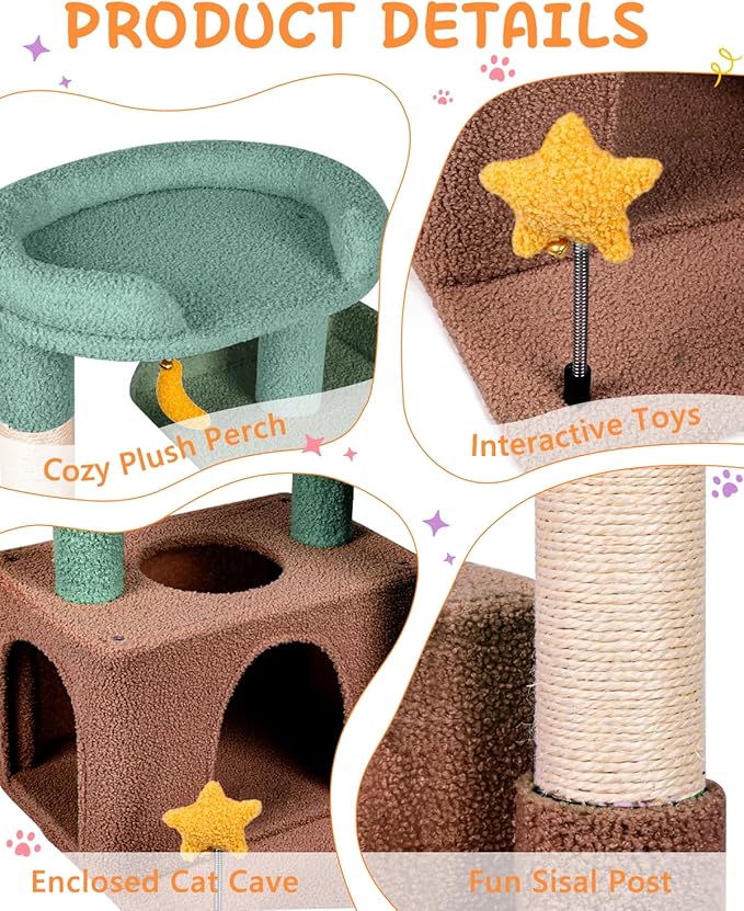 32" Cute Cat Tower for Indoor Kittens with Cat Condo, Plush Platform, Hammock, Sisal Scratching Posts, Dangling Ball, Tall Cat Tree Tower with Self-Grooming Brush (Olive Green)