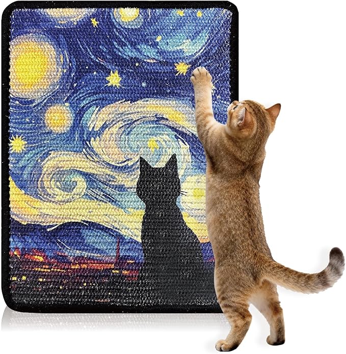 3-in-1 Sisal Cat Scratcher Mat 15x12 Inch – Art Cat Wall Scratcher with Adhesive Tape for Indoor Cats, Durable Wall Mounted Cat Scratch Pad to Protect Couch and Carpet（Starry Night