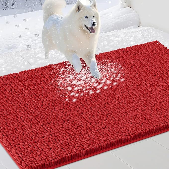 Extra Large Dog Door Mats for Muddy Paws, 60" x 36" Christmas Chenille Absorbent Mud Mat for Dogs, Non Slip Heavy Dog Rugs For Muddy Paws, Soft Indoor Door Mat for Entryway, Mud Paw, Inside Floor, Red