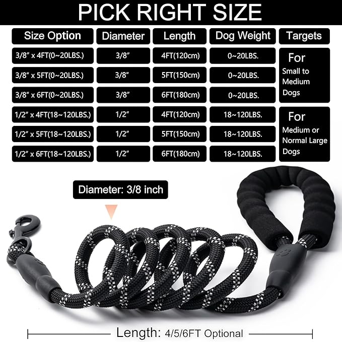 2 Pack Dog Leash, 4/5//6 FT Heavy Duty Nylon Rope Pet Leashes with Comfortable Padded Handle, Reflective Dog Leashes for Small Medium and Large Dogs (6FT-3/8,Black/Orange)