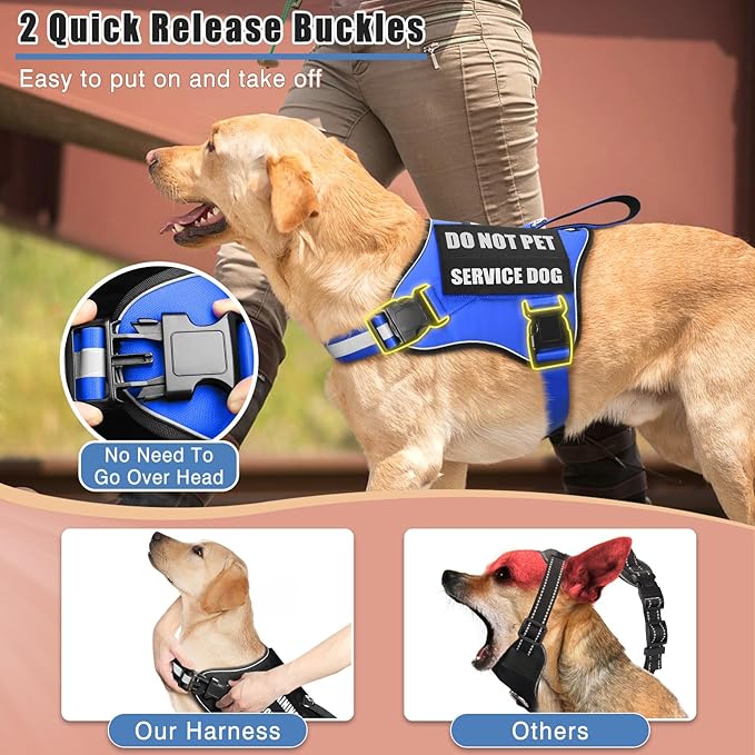Service Dog Vest Harness+ID Tag+10 Patches,Metal Serivce Dog Tag&Reflective Emotional Support Dog Vest with Handle for Large Dogs,Easy Put On/Off for Training/Walking/Everyday Blue L