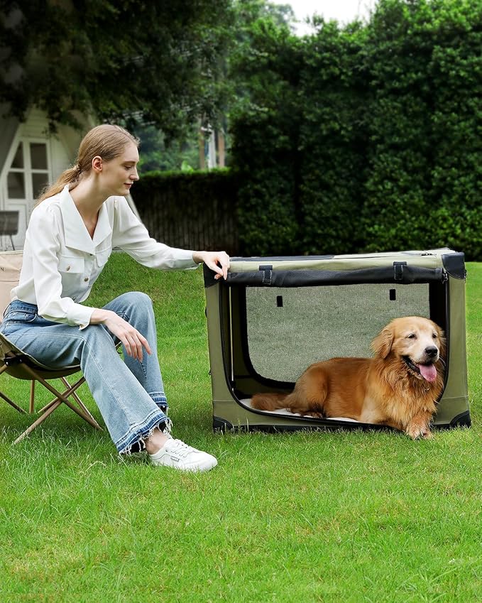 33 Inch Collapsible Travel Dog Crate for Medium Large Dogs, Portable Dog Crate 4-Door Foldable Soft Kennel with Durable Mesh Windows for Indoor & Outdoor Travel, with Storage Bag,Green