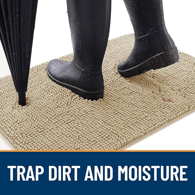 OLANLY Dog Door Mat for Muddy Paws 47x24, Absorbs Moisture and Dirt, Absorbent Non-Slip Washable Doormat, Quick Dry Chenille Mud Mat for Dogs, Entry Indoor Entryway Carpet for Inside Floor, Beige