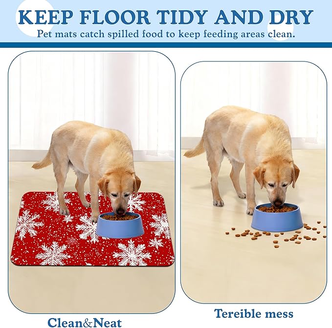 Chirtsmas Snow Flower Pet Food Mat for Cats and Dogs–Absorbent Quick Dry Feeding Placemat, Non Slip Rubber Base, Waterproof Bowl Mat for Indoor Use, Pet Supplies 16"x24"
