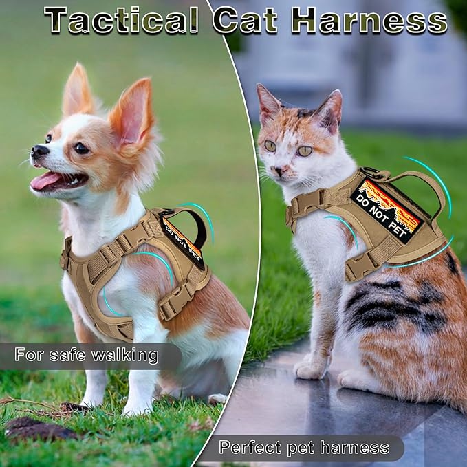 Tactical Cat Harness for Walking, Adjustable Escape Proof Pet Vest for Large Cat,Easy Control Breathable Cat Vest with Handle，Molle Patches (Khaki, L)