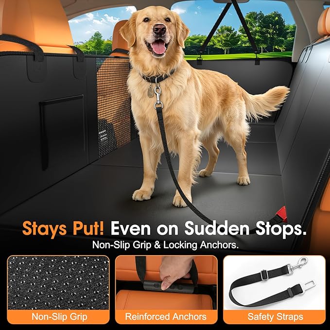 JKLESA Dog Car Seat Cover for Back Seat, 52"x65" Waterproof Hard-Bottom Hammock with Side Flaps, Heavy-Duty 450lbs, Non-Slip & Scratch-Proof PU Leather Protector for SUV, Truck & Sedan Gray
