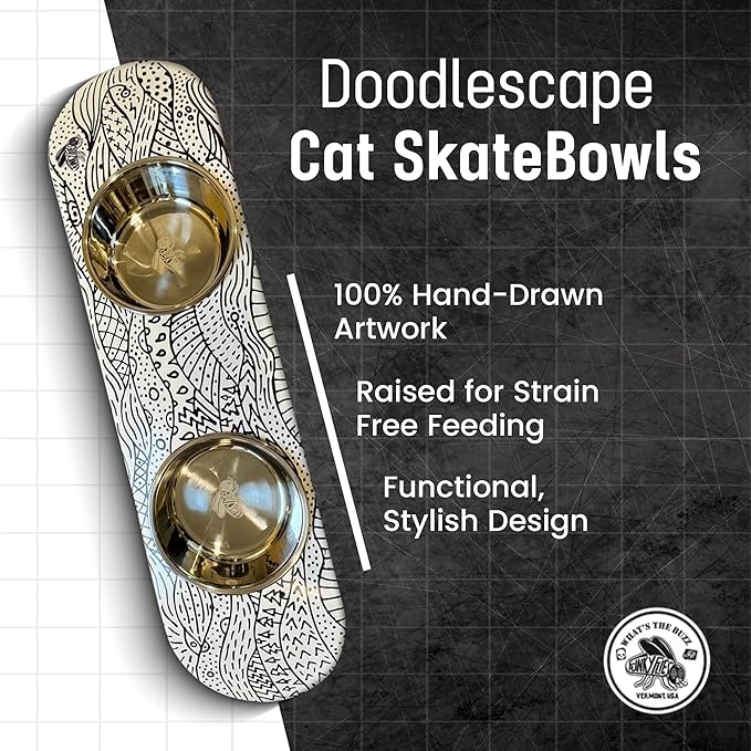 Funky Flies Doodlescape Cat Skatebowl - Elevated Cat Bowl, Elevated Water Bowl, Skateboard Food & Water Stand