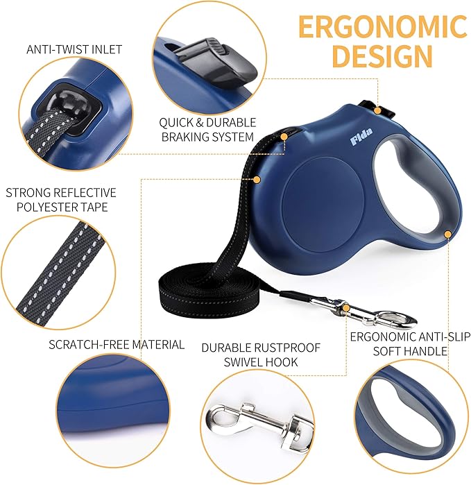 Fida Retractable Dog Leash with Dispenser and Poop Bags, 16 ft Pet Walking Leash for Small Dog or Cat up to 26 lbs, Anti-Slip Handle, Tangle-Free, Reflective Nylon Tape (S, Navy Blue)