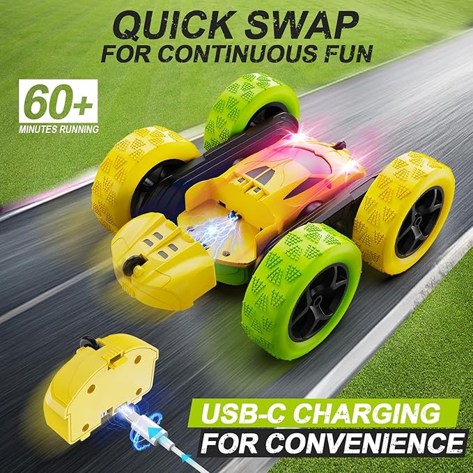 QUNREDA Remote Control Car, RC Car Toys for 6-12 Year Old Boys, Off Road RC Stunt Car 4WD 360° Rotating Remote Control Car for Kids, Boys Girls Gifts for Birthday, Christmas Yellow&Green