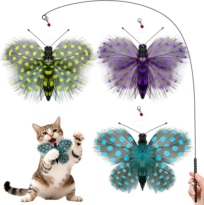 Walfront Interactive Cat Wand Toy with Feather & Butterfly Attachments, Cat Toys for Indoor Cats and Kittens, Replaceable Teaser Heads, Bright Colors, Durable Wand, Boosts Hunting Instinct & Exercise
