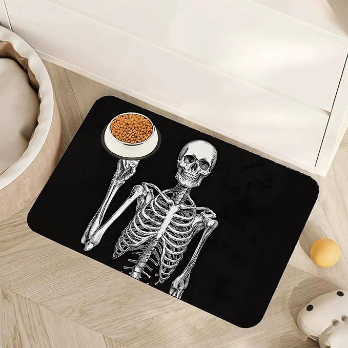 Funny Skull Skeleton Dog Food Mat for Floors,Absorbent Quick-Dry Pet Feeding Mat,Cat Dog Bowl Mats for Food and Water,Non-Slip Pet Accessories Supplies 16"x24"